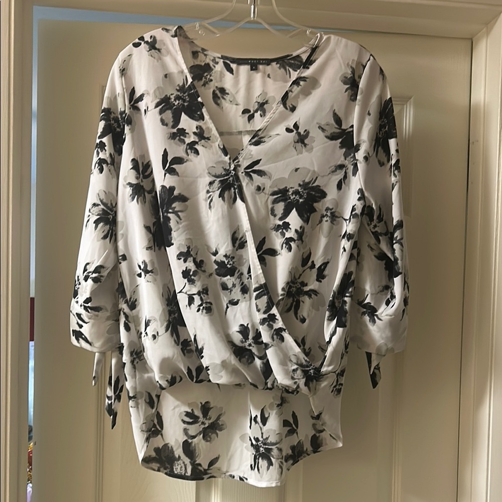 West Kei Black and White Wrap Blouse 3/4 Sleeve